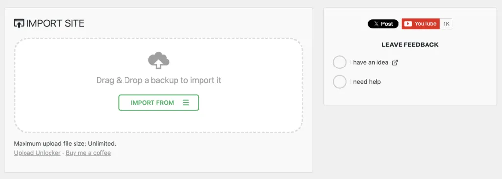 All-in-One WP Migration import page showing Unlimited upload size after installing the plugin