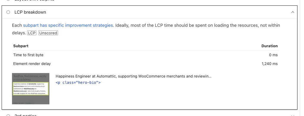PageSpeed Insights LCP breakdown showing the LCP element is a text paragraph with 1,240 ms of element render delay
