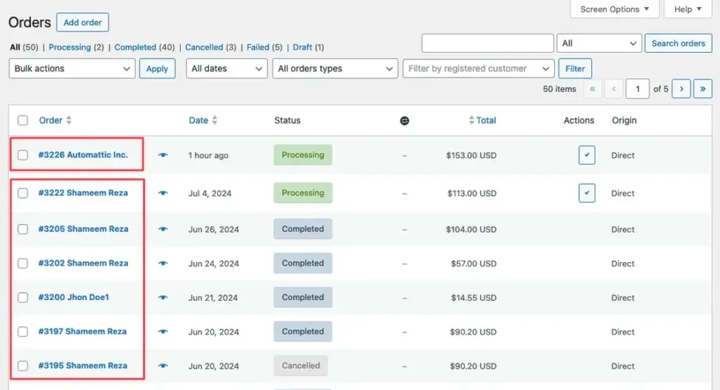 WooCommerce orders list showing customer names by default