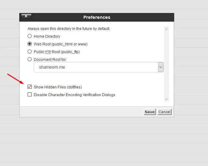 File manager with show hidden files enabled in cPanel