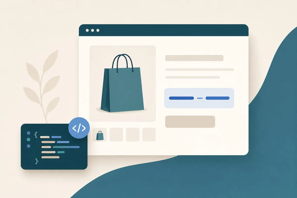 WooCommerce product page with a shopping bag, a price range, and a code snippet