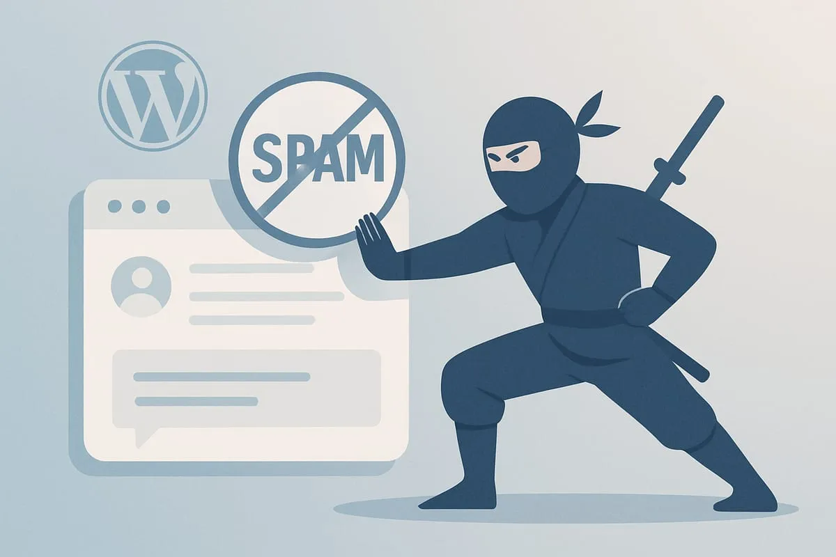 Illustration of a ninja pushing a spam sign away from a WordPress comment form