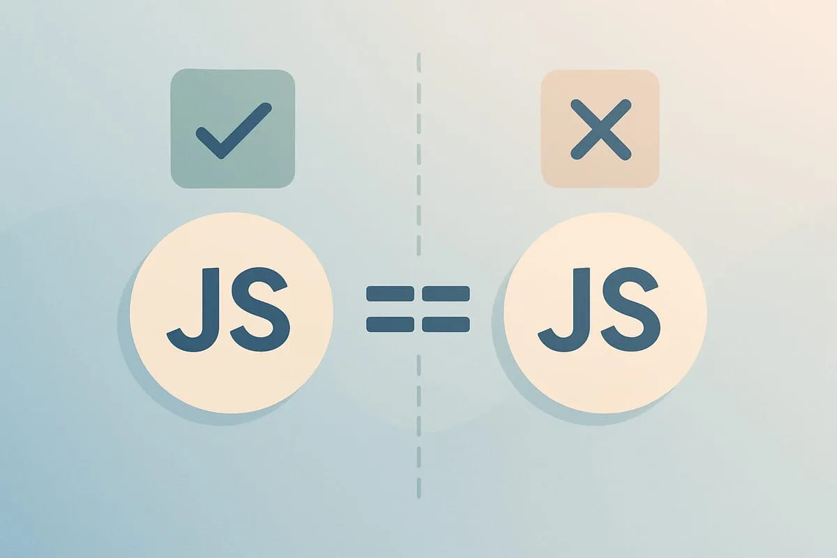 Two JS badges joined by a double equals sign, with a check and a cross
