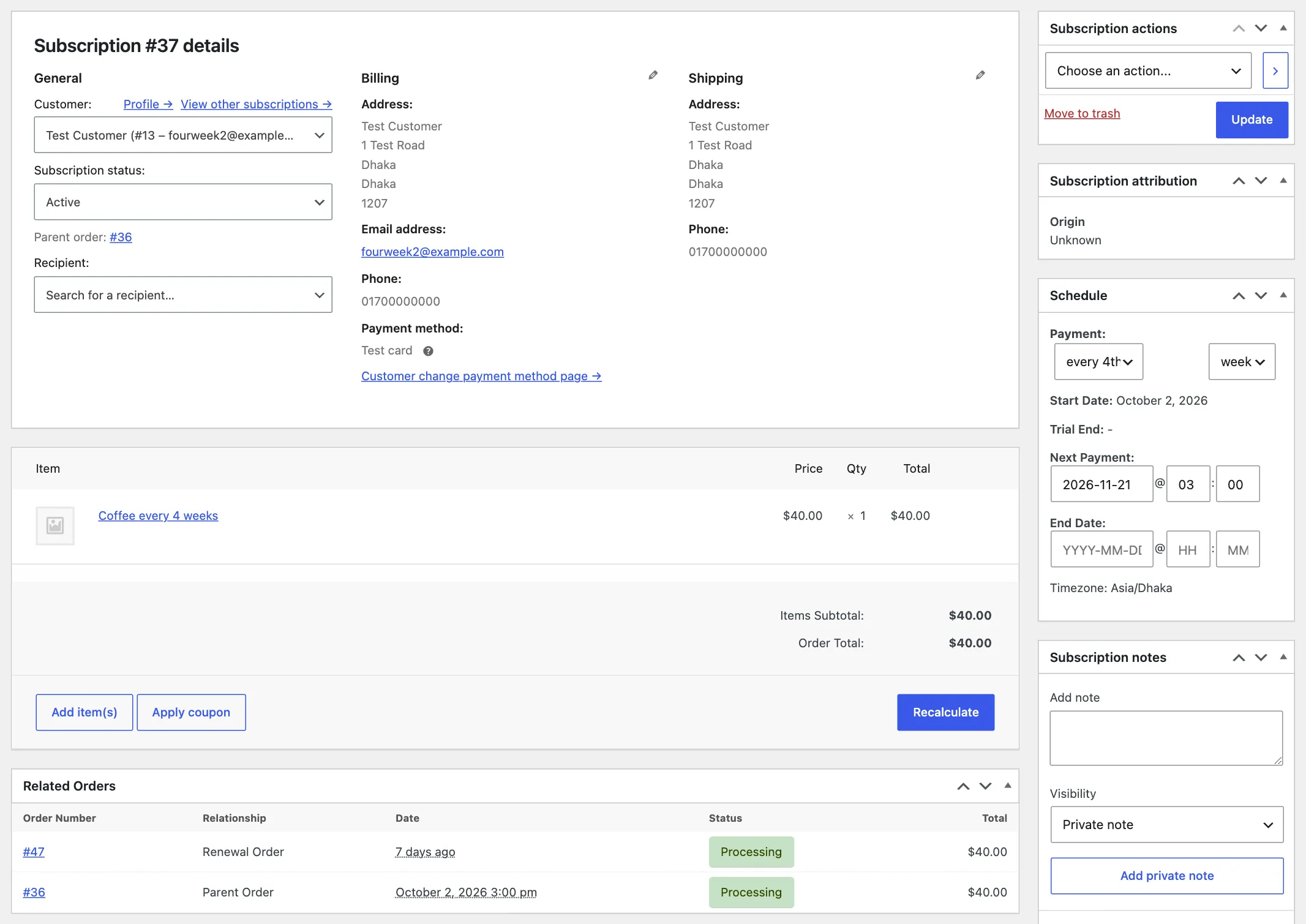 Edit Subscription screen for the 4-week Saturday subscription #37 after a late renewal: Next Payment is 2026-11-21 at 03:00, and Related Orders shows renewal order #47 created 7 days ago, now Processing