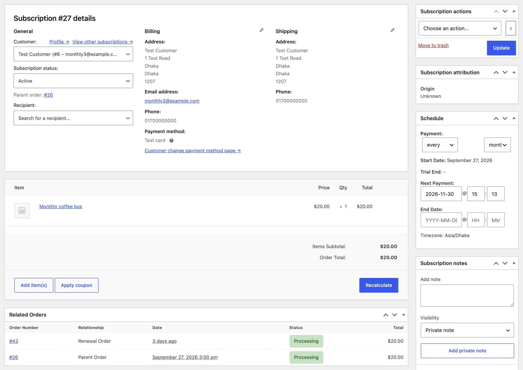Edit Subscription screen for monthly subscription #27 after a failed renewal and a successful retry: Next Payment is 2026-11-30 at 15:13, and Related Orders shows renewal order #43, created 3 days ago, now Processing