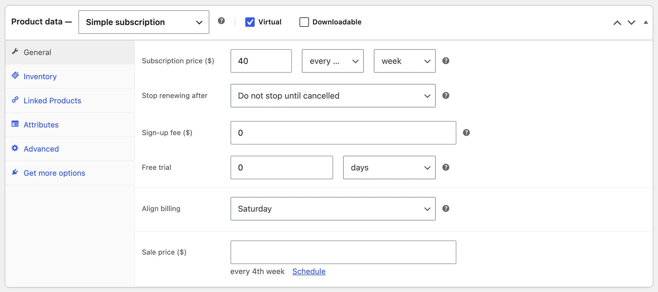 Product data panel for the Coffee every 4 weeks test product: Simple subscription, $40 every 4th week, no sign-up fee, no free trial, Align billing set to Saturday