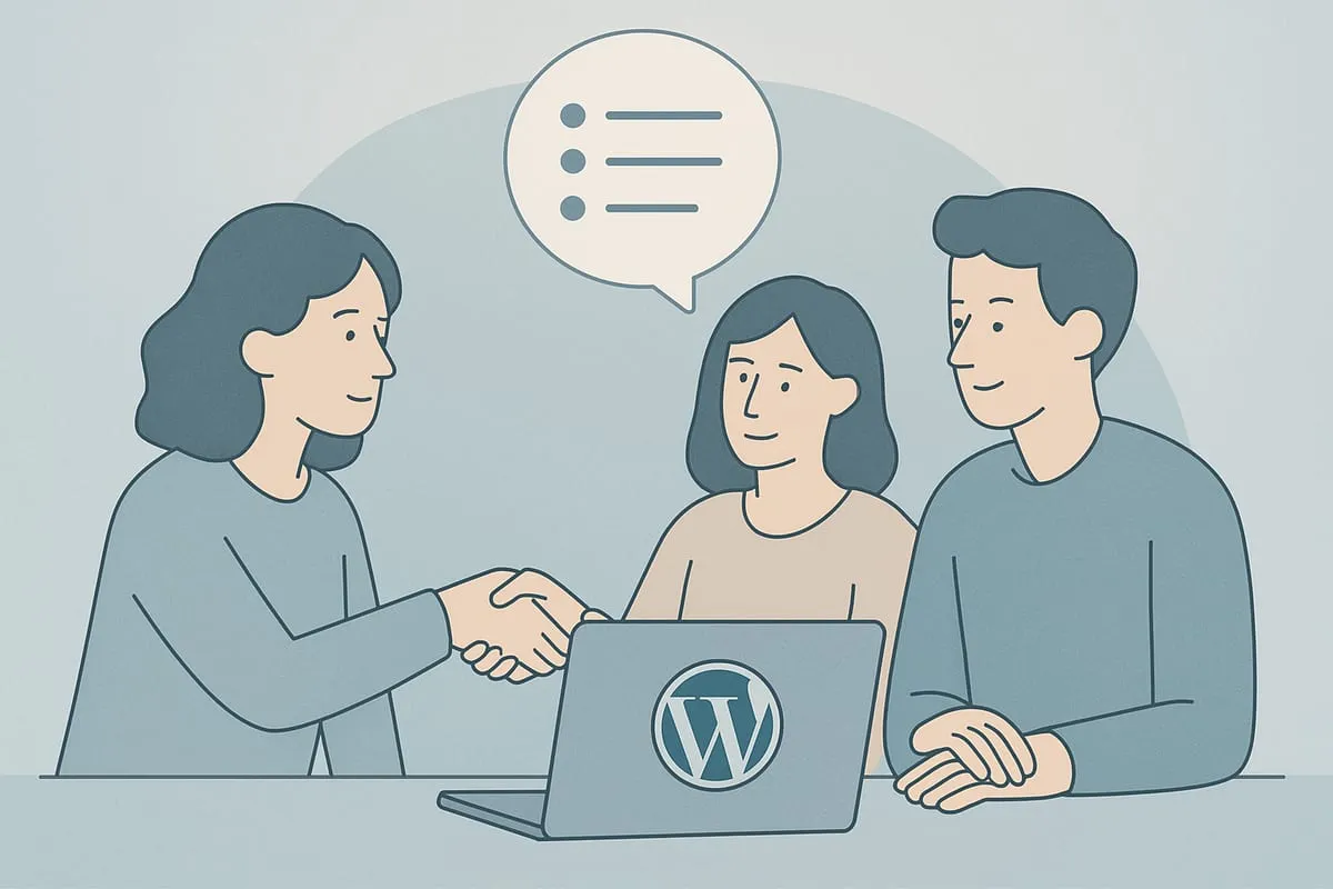 Three people talking over a laptop with the WordPress logo