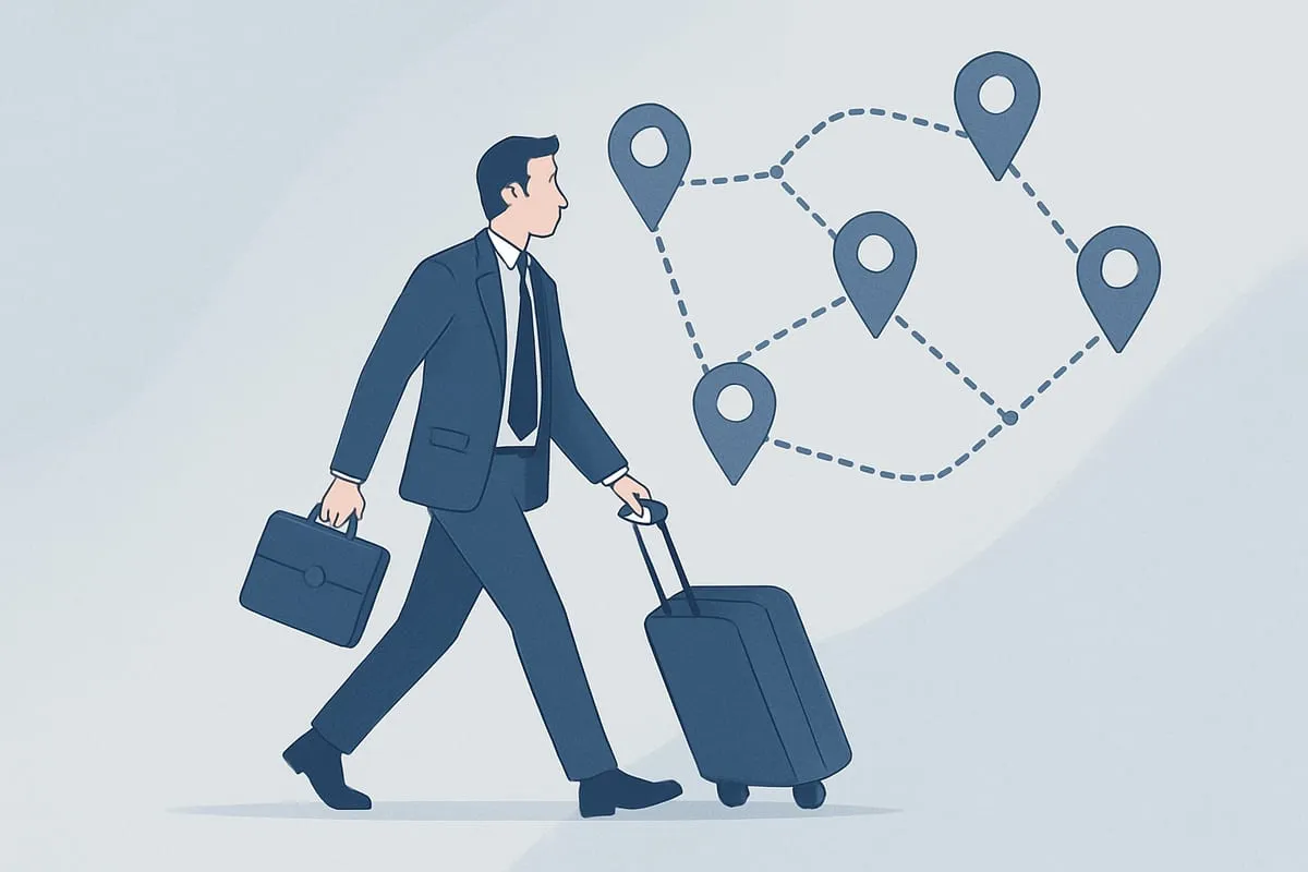 A traveling salesman with luggage walking a route between map pins