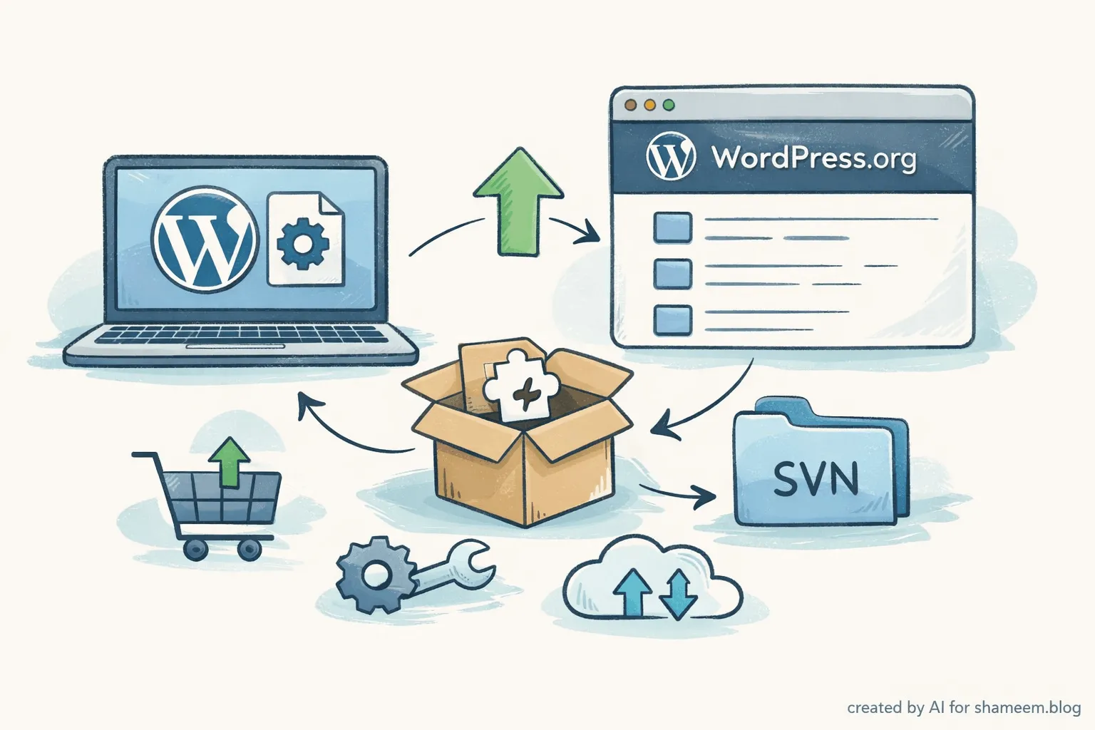 A WordPress plugin package moving from a laptop to WordPress.org through SVN