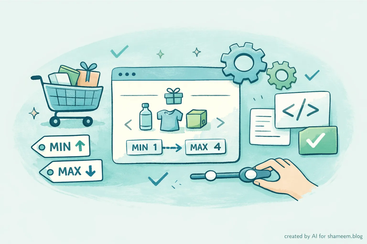 WooCommerce store screen with min and max quantity controls and code settings