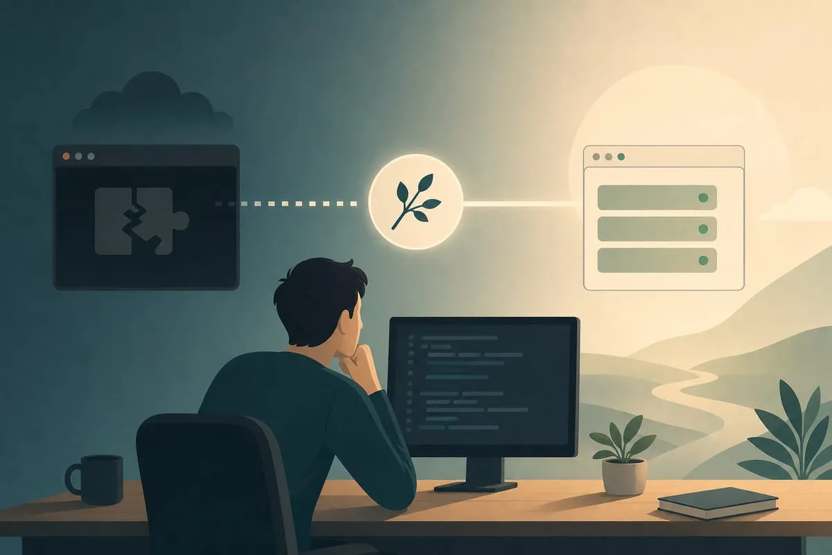 A person at a desk at dusk looking at a terminal while a plug connects to a server