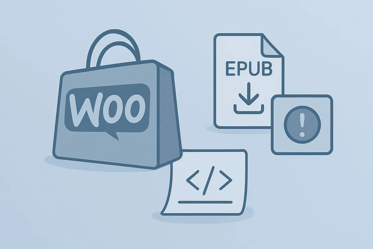 WooCommerce bag with an EPUB download and a warning sign
