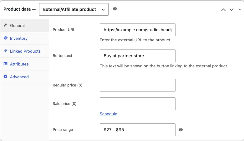 Price range field in the WooCommerce product data panel