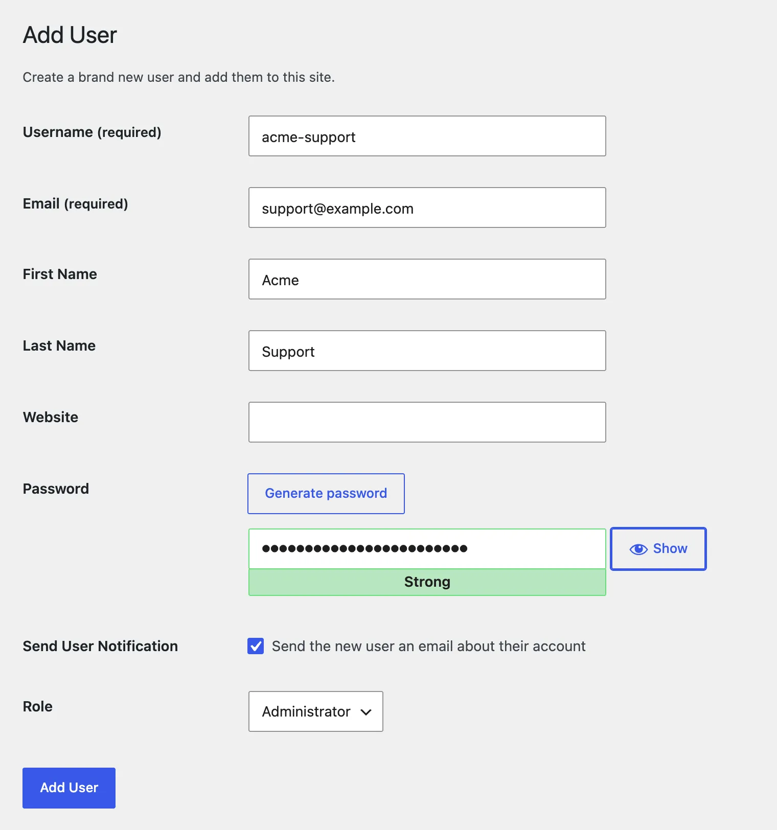The WordPress Add User screen filled in for a support person: username acme-support, email support@example.com, the new user email ticked, and the role set to Administrator