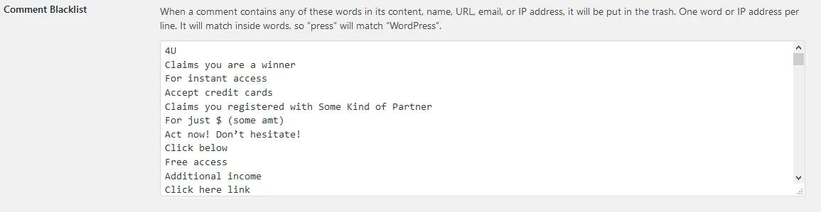 Disallowed keys configuration in Discussion settings