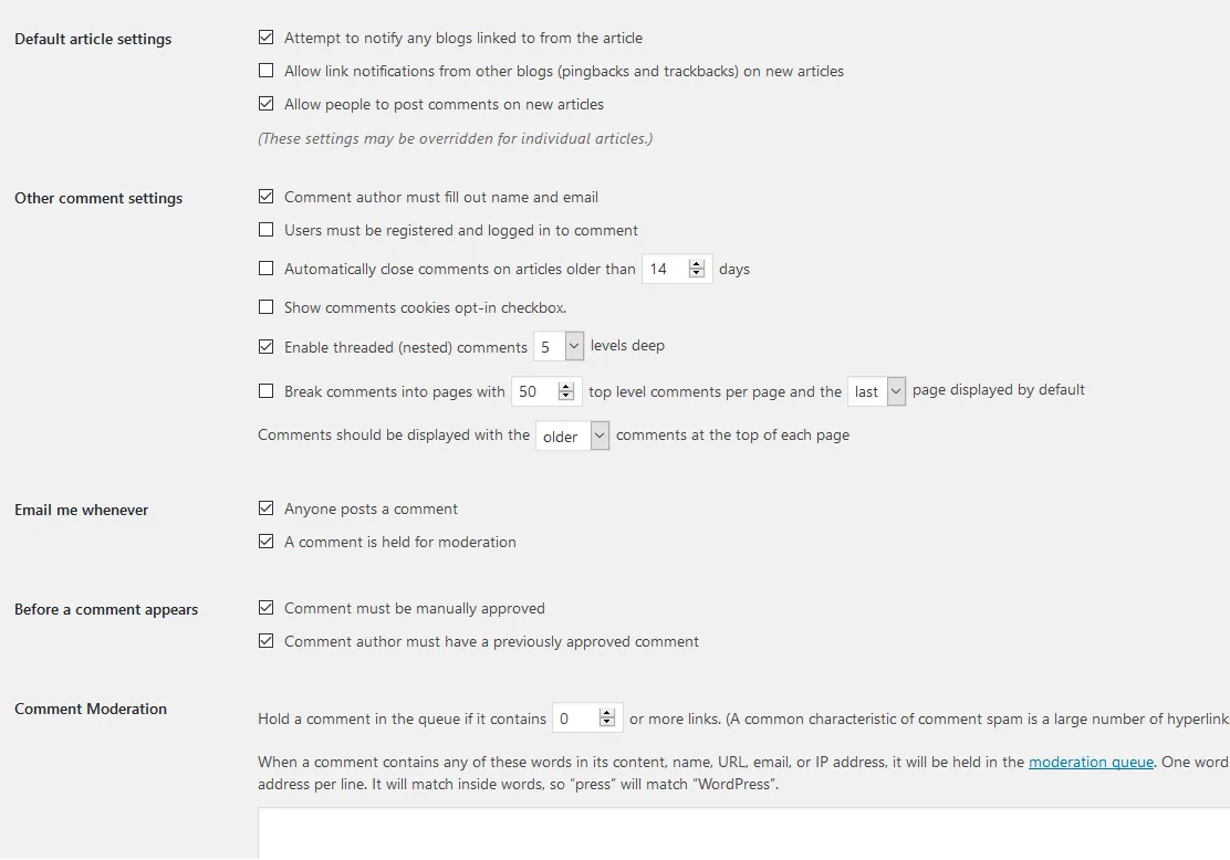 WordPress Discussion settings screen