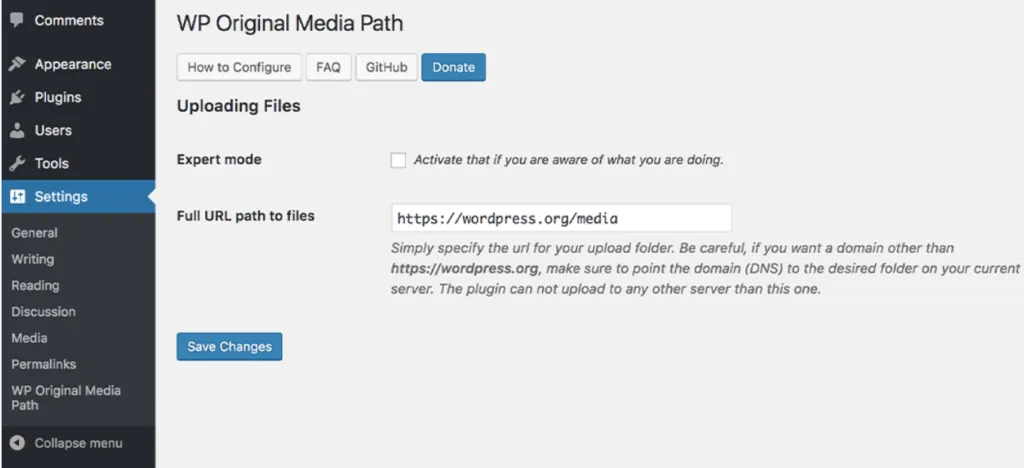 WP Original Media Path settings screen