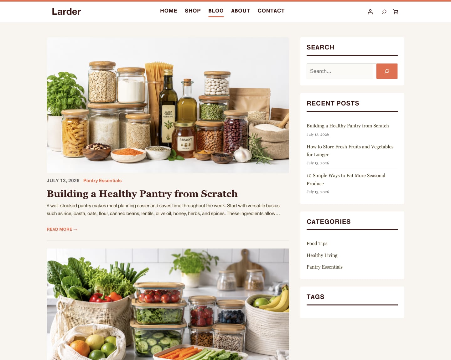Blog archive layout in the Larder theme with featured images and sidebar widgets