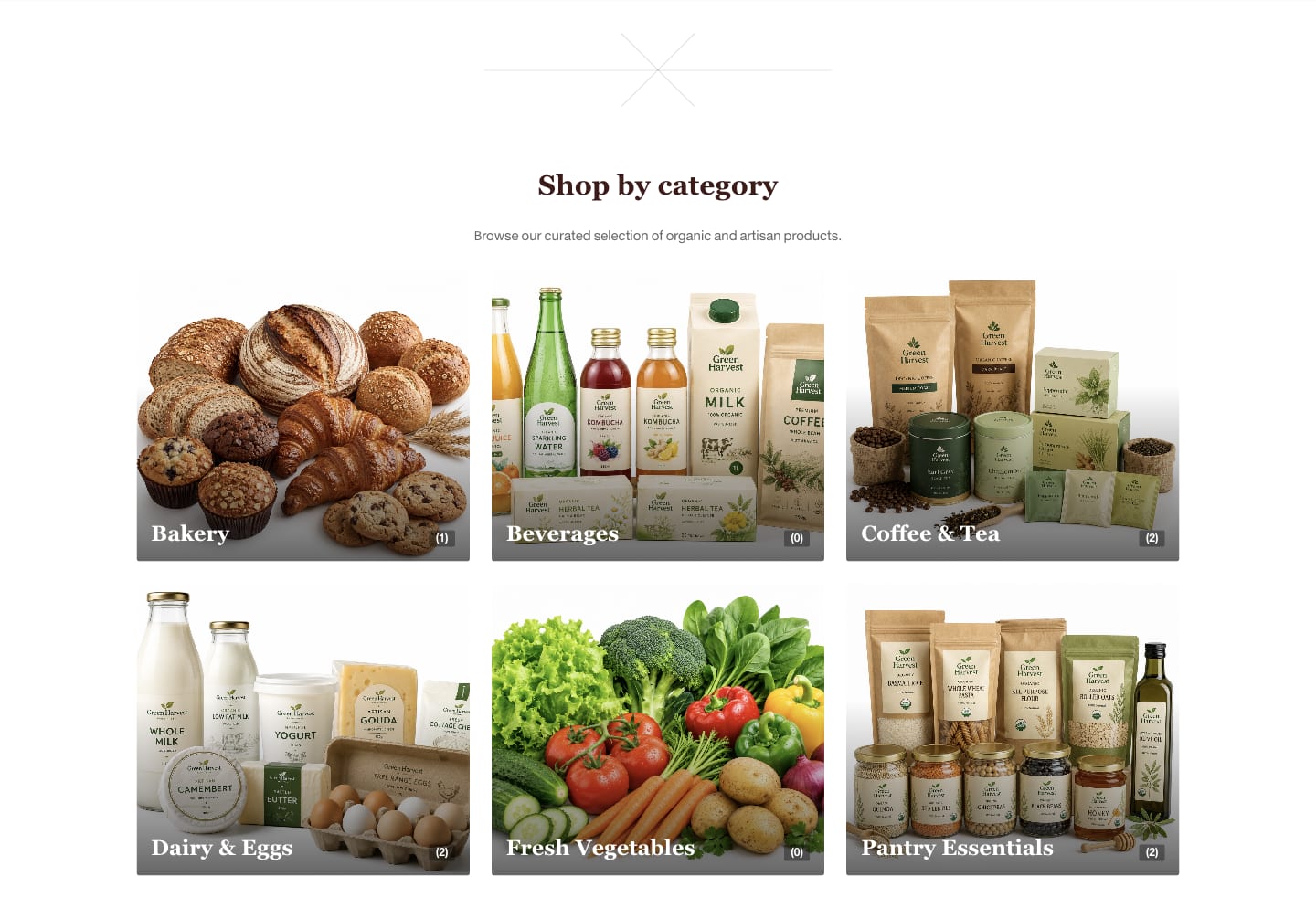Product category cards in the Larder theme showing bakery, beverages, dairy, and pantry sections