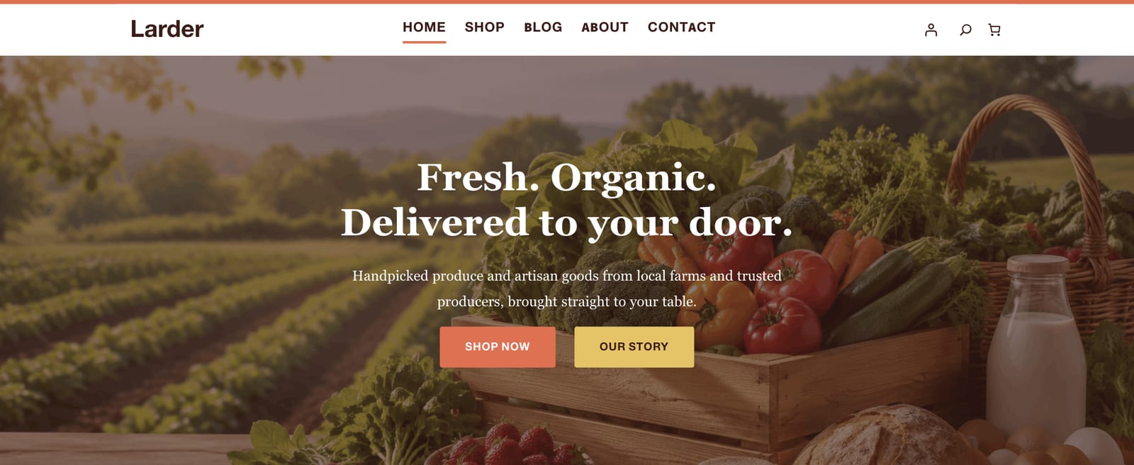 Larder theme homepage hero with a full-width farm banner, headline, and call-to-action buttons