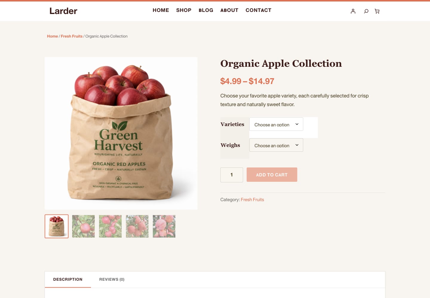 Single product page in Larder with gallery thumbnails, variation options, and add-to-cart button