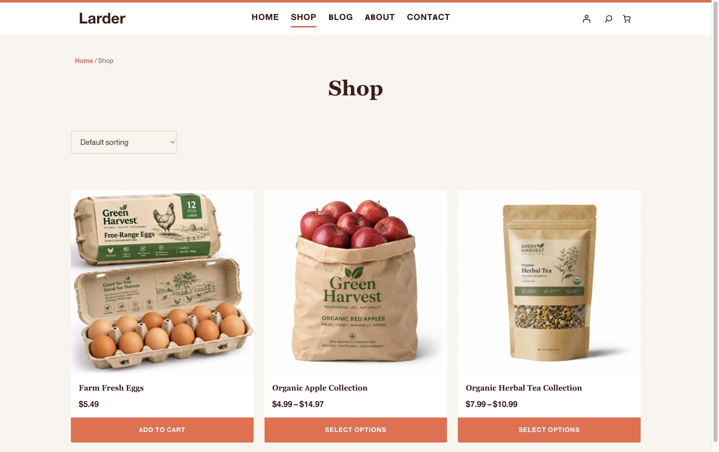 WooCommerce shop archive page styled by the Larder theme